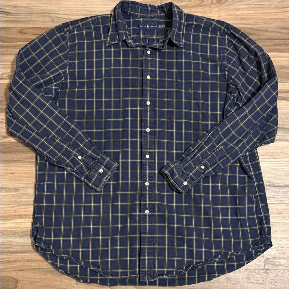 Ralph Lauren Plaid Button Down Shirt Men's 2XLT Navy Green Yellow L/S Cotton